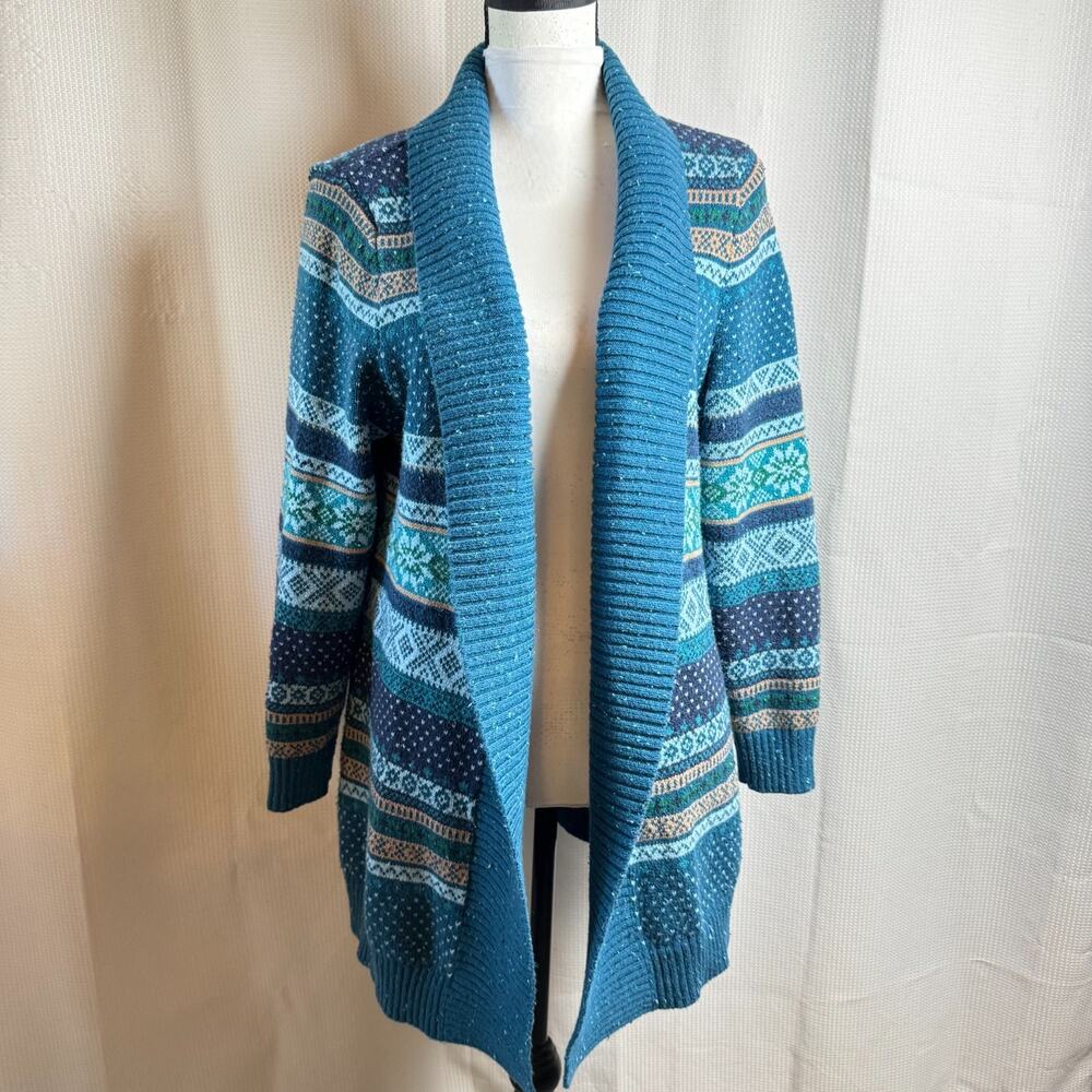 L.L. Bean Fair Isle Open Cardigan Sweater Sz XL Cotton Long Sleeve Turquoise EUC